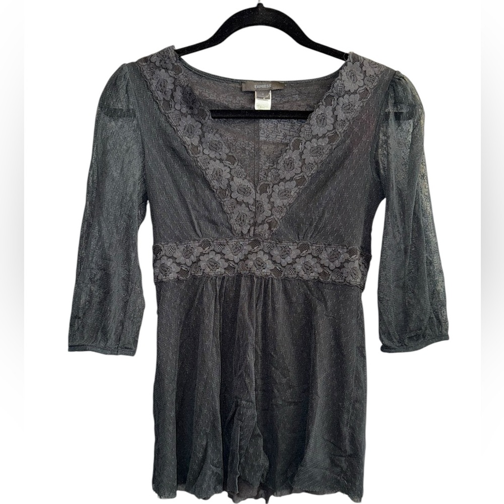 Vintage Y2K Boho Express Women's Black Lace Sheer Long-Sleeve Top